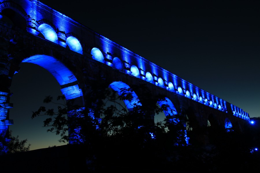 Pont du gard, france, bridge, aqaedukt, blue, night, illuminated, landscape