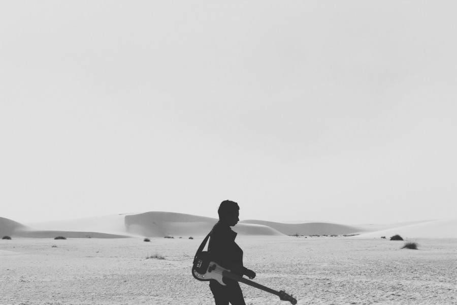 black and white, one person, people, man, guitar, music, electric, dunes, desert, concept, 