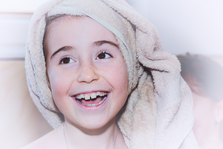 girl, bath towel, face, happy, smile, joy, happiness, 10 years,