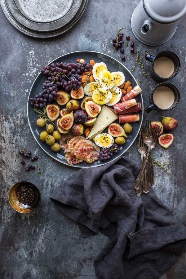salad, dish, food, fig, figs, grapes, fruit, fruit, cheese, olives, egg, ham, breakfast, coffee,