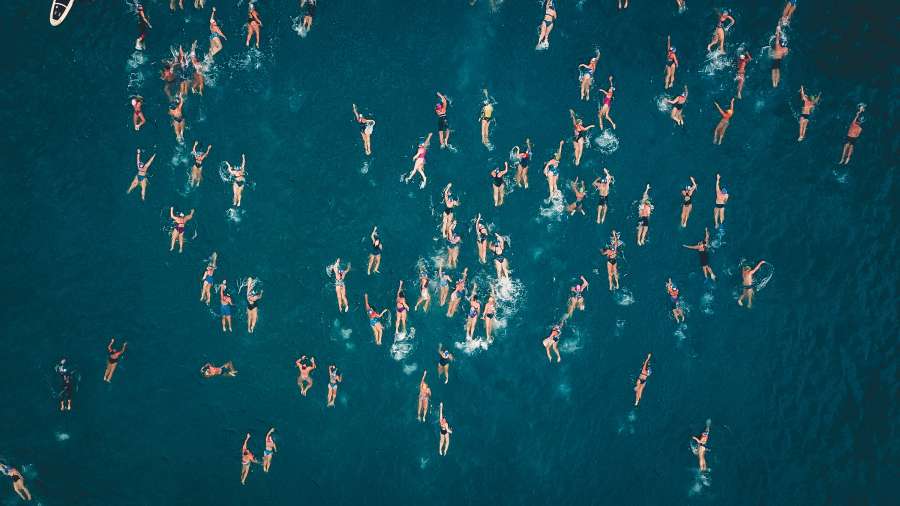 Brazil, Brazilian, Drone POV, People, Swimming, Praia Do Toque beach, Aerial View, Many, Crowd, Background, Summer, Motion, 