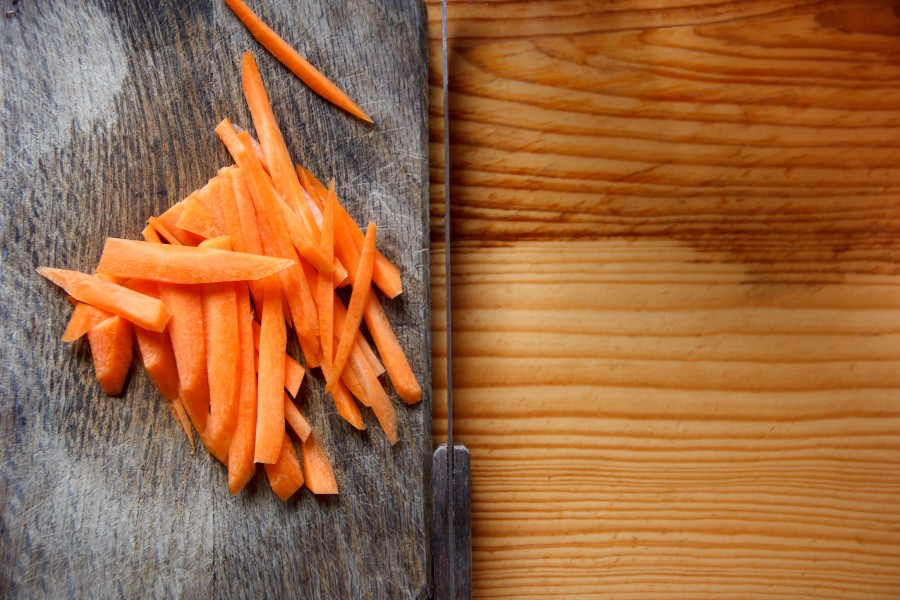 table, knife, food, cooking, vegetable, carrot, cut, strip,