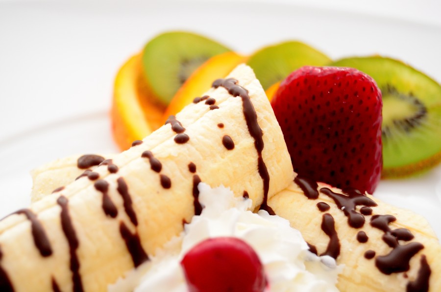 dessert, banana, chocolate, sweet, fruit, fruit, strawberry, white background, food,