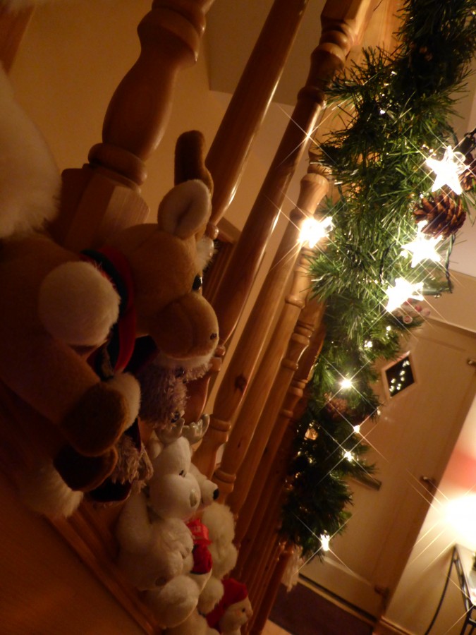 scene, christmas, Christmas, stairs, interior, light, lights, gift, gifts, teddy bear, cuddly, light, lighting,