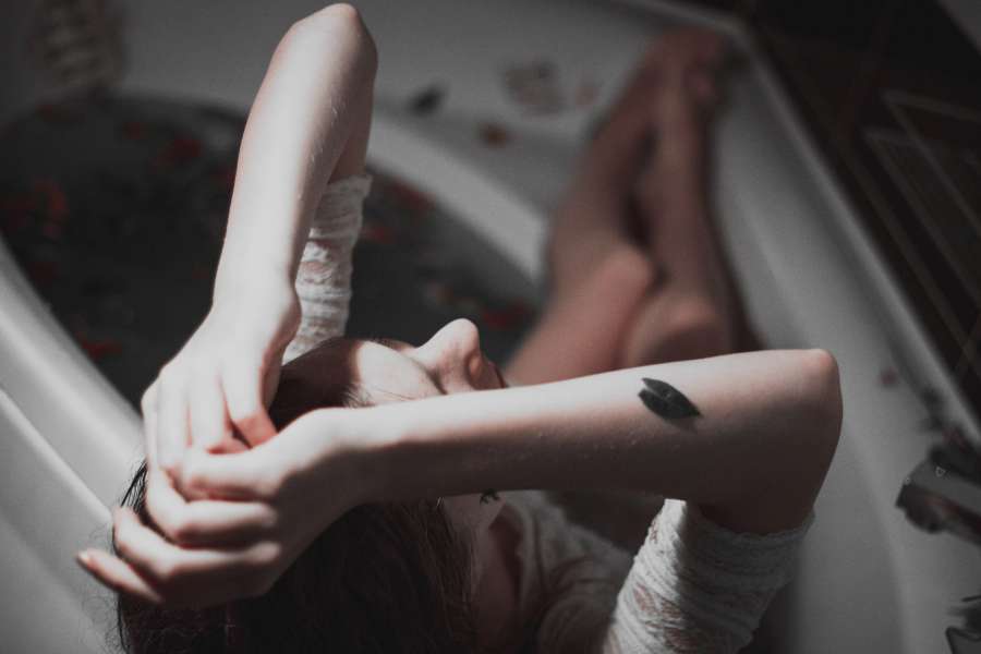 Person, Leaf, Arm, Bathtub, Moody, Solitude, Petal, Sad, Depressed, Lying Down, Sad moment, Broken heart, Love sad