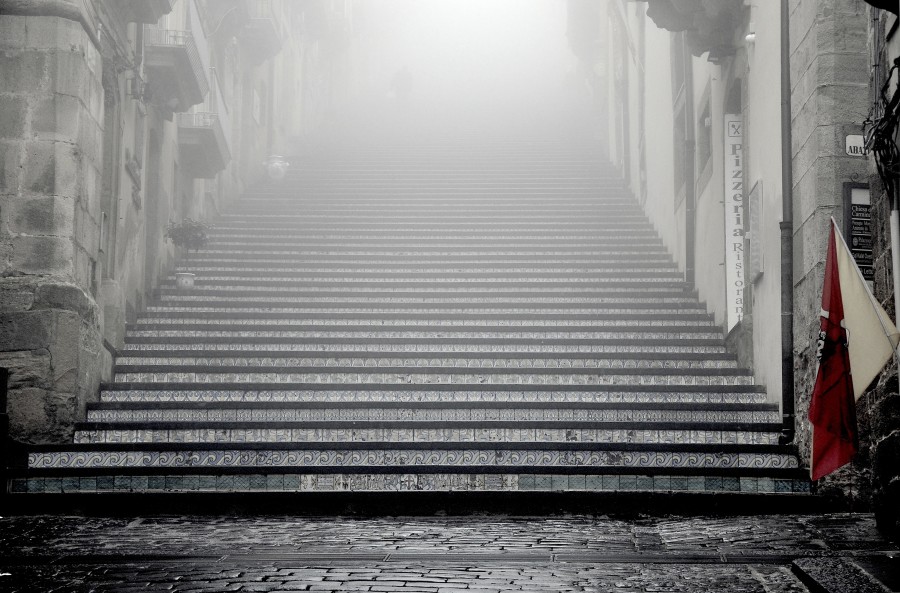staircase, city, ancient, architecture, nobody, mist, fog,, mystery, mysterious,