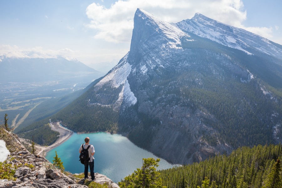 man, walking, top, mountain, lake, landscape, nature, adventure, conquest, reach, goal, success, day, vacation, travel,