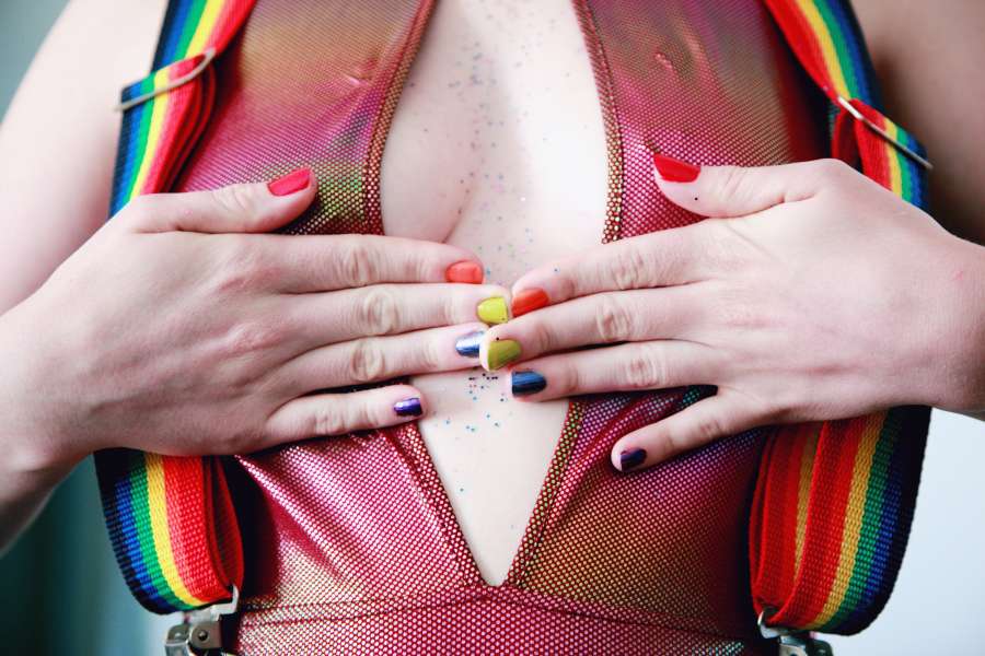 bright, close-up, colorful, colors, colourful, fashion, female, fingernails, fingers, girl, hands, human, manicure, nail polish, outfit, person, rainbow colors, skin, stripes, style, suspenders, touching, lesbian, lgtb