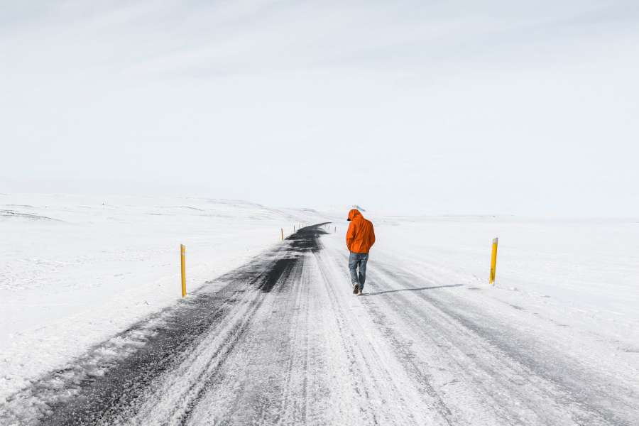 road, snow, ice, arid, man, one person, cold, winter, frozen, temperature, walk, outside,
