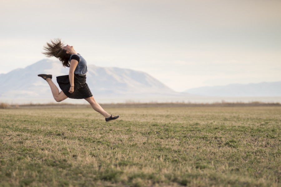 girl, jumping, happy, smiling, field, countryside, rural, landscape, grass, mountains, woman, people, skirt, happy, woman, young, 20 years, jump, outdoors, travel, 
