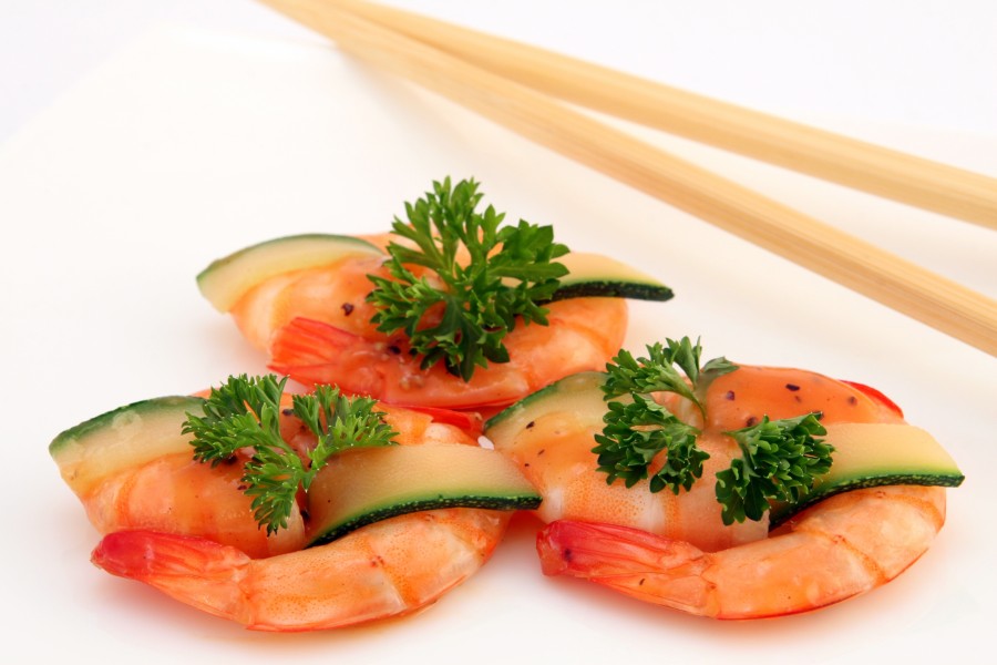 sushi, plate, chopsticks, white background, food, shrimp, seafood,