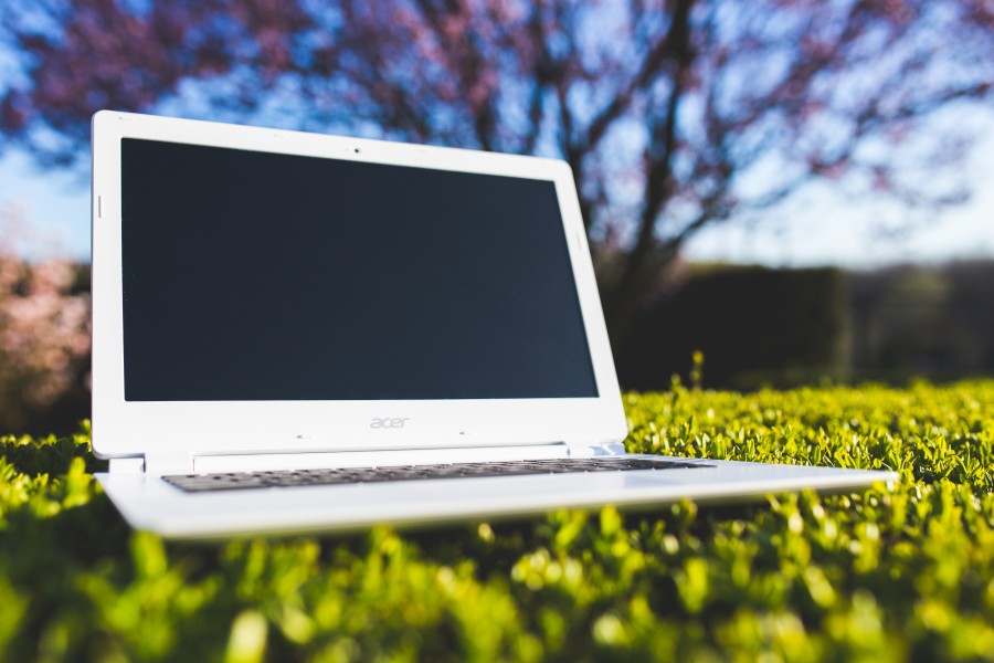 laptop, office, work, grass, sunny, after work, vacation, equipment, white, technology, display, nature, notebook, lawn