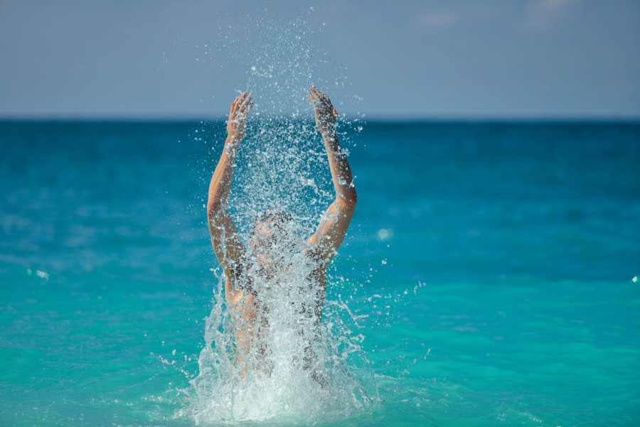 Beach, Caribbean, Holiday, Ocean, Water, blue, emotion, feeling, fun, happy, man, person, play, playful, sea, splash, sun, vacation, 