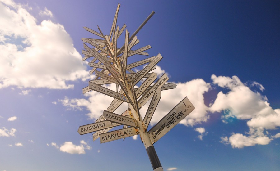 Travel, blue, business, choice, cities, clouds, confused, decision, direction, sign, signpost, vacation, concept