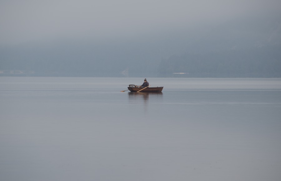 boat, lake, pond, man, one person, people, rowing, paddling, rowing, fog, one, lone, lonely, quiet,