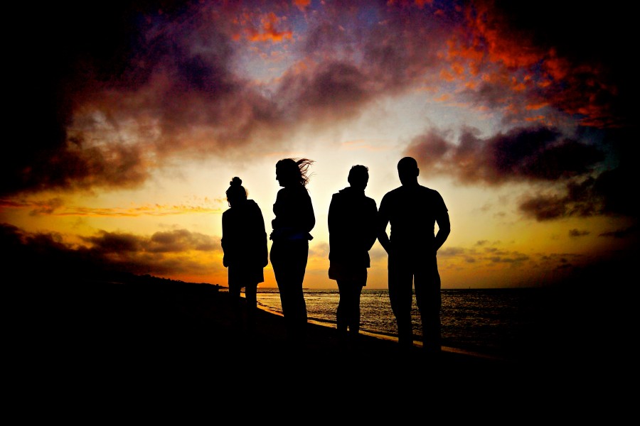 group, people, four, sunset, sunset, sunset, beach, coast, silhouette, vacation, summer, travel, travel, friendship, friends,
