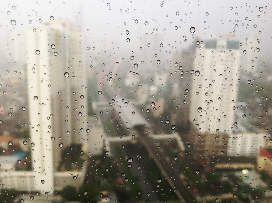 city, rain, drops, window, building, cityscape,
