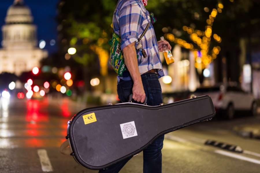 rock, male, case, musician, guy, man, guitar, music, play, glasses, shading, wide pants, style, light, person, gloves, badge, artwork, night, pose, belt, town, perspective, street musician, posture, night time, backpack, watch, urban, clothes, people, street, art, human, sport watch, jeans, pavement