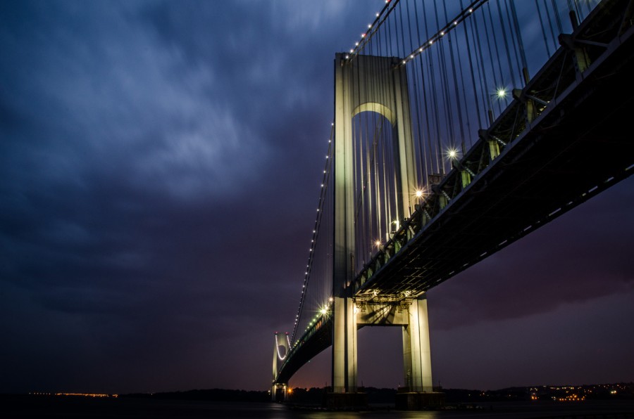 forest, landscape, nature, architecture, night, bridge, light, lights, sky, hanging, city lighting, 