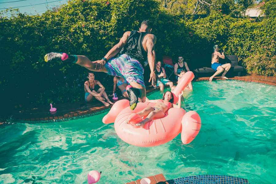 party, fun, summer, water, pool, holiday, background, vacation, blue, poster, travel, inflatable, invitation, outdoor, swimming, event, swim, sun, season, happy, tropical, people, view, women, yellow, friends, top, young, toy, wave, graphic, group, sea, bikini, men, template, floating, ball, leisure, float, rubber, color, summertime, 3d, smiling, flamingo, jumping, 