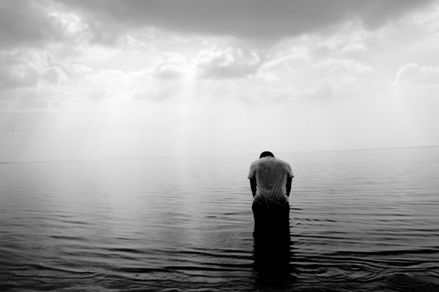 one person, people, man, black and white, sea, water, solitude, concept, sad, sadness, melancholy, wet