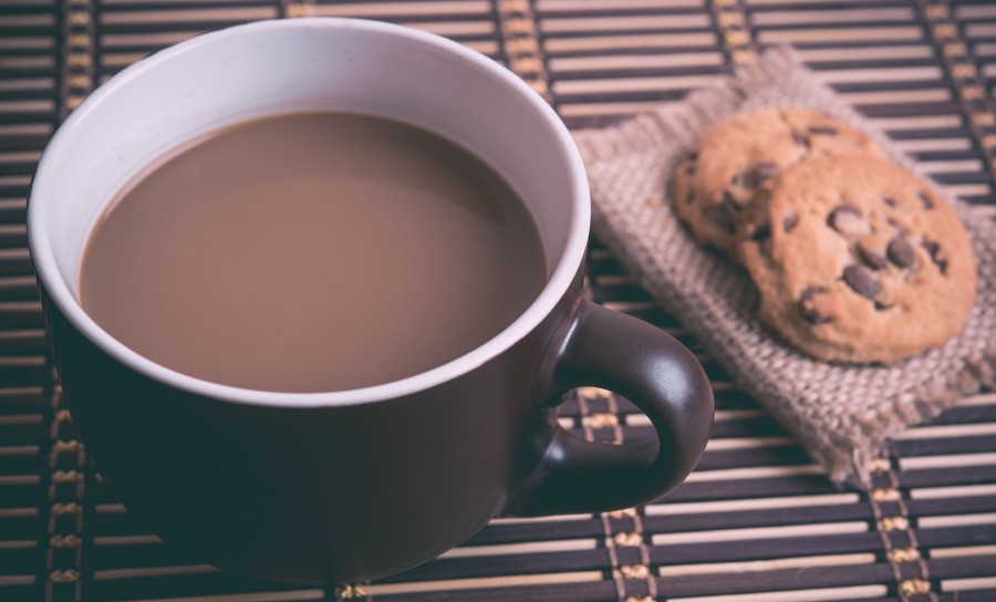 Coffee with milk, coffee, breakfast, drink, hot, cookie, cookies, candy, food,