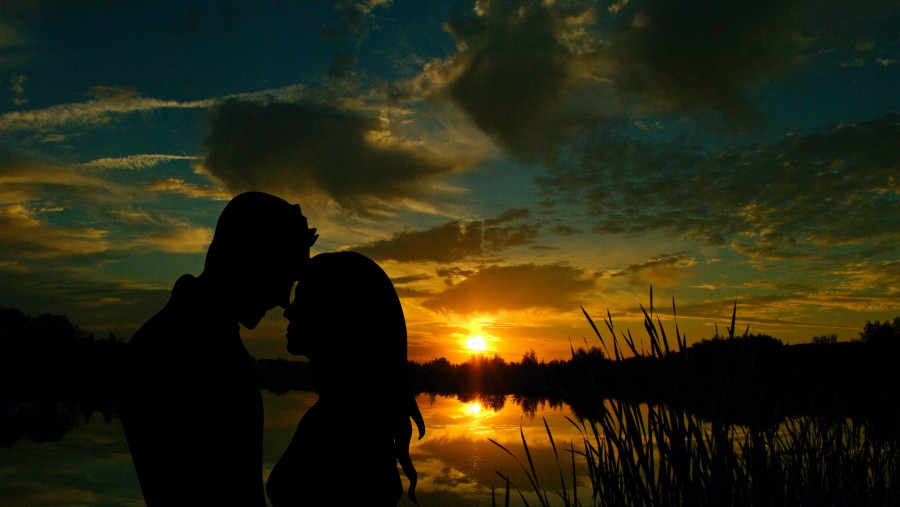 couple, love, sunset, day, silhouette, shadow, outdoors, lake, nature, outside, people, two people, romance, romantic,
