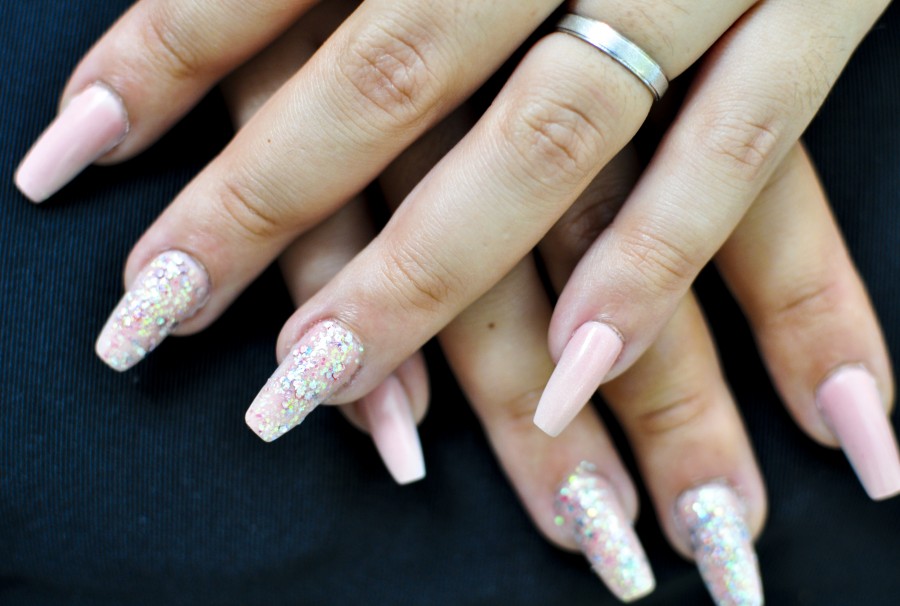 nails, hands, woman, female, ring, shine, glitter, decoration, acrylic nails, beautiful hands, hand care, coffins, artnails, pink, silver, long nails, dual system, dual form