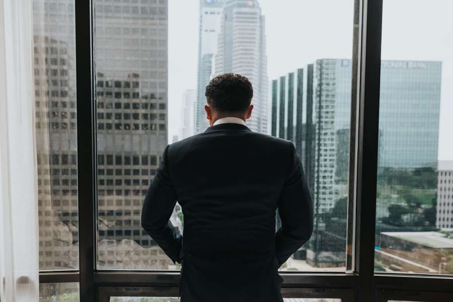 man, office, window, skyline, city, urban, building, executive, adult, suit, back, back view, concept, business, work,
