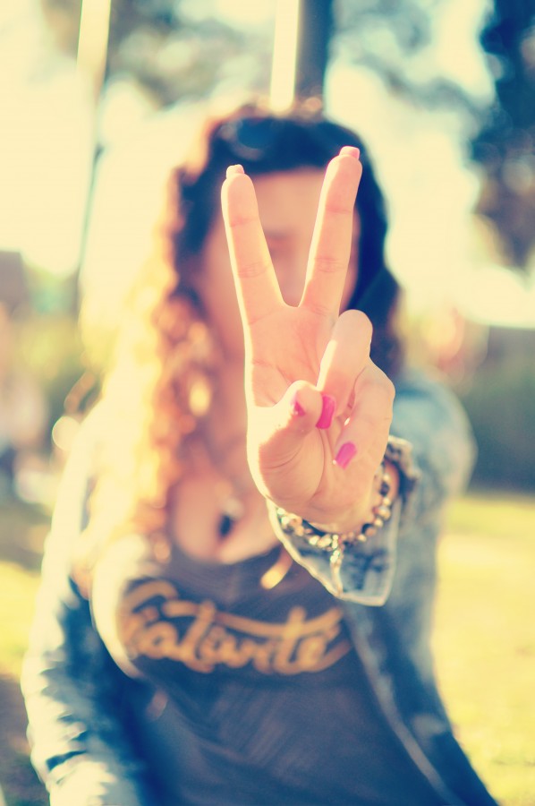 woman, young, 20-25 years, gesture, symbol, sign, peace, outdoors, blur, hand, nails, female