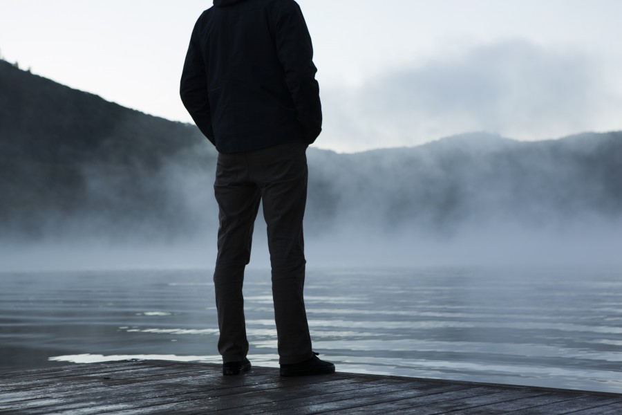 one person, people, man, mist, outside, looking, horizon, adult, nature, dock, lake, pond, water,