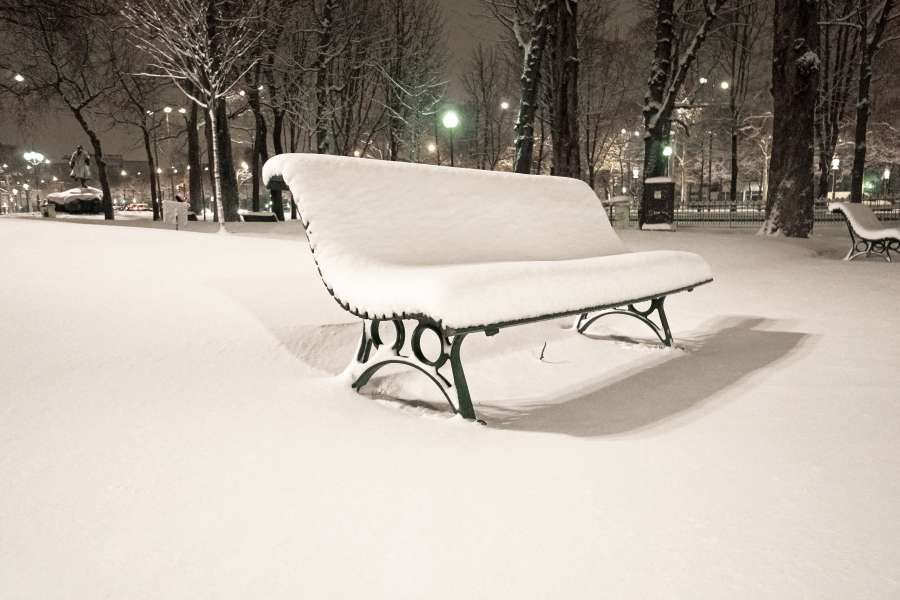 bench, park, square, night, snow, winter, covered, cold, nobody, 