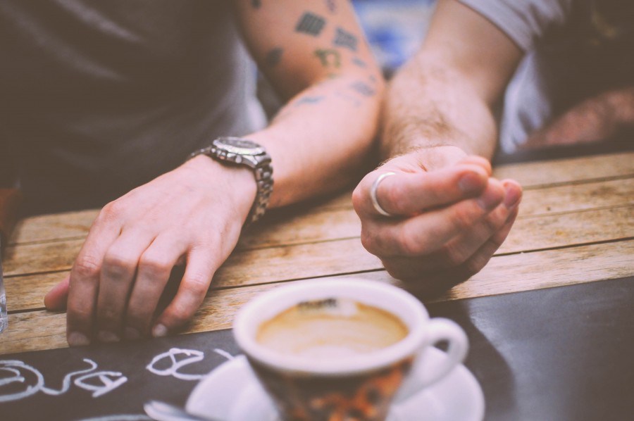 Coffee, Dan Cooper, Ed Gregory, Stokpic, Woman, body part, cafe, drink, hands, hipster, man, restaurant, retro, social, socialising, tattoo, 