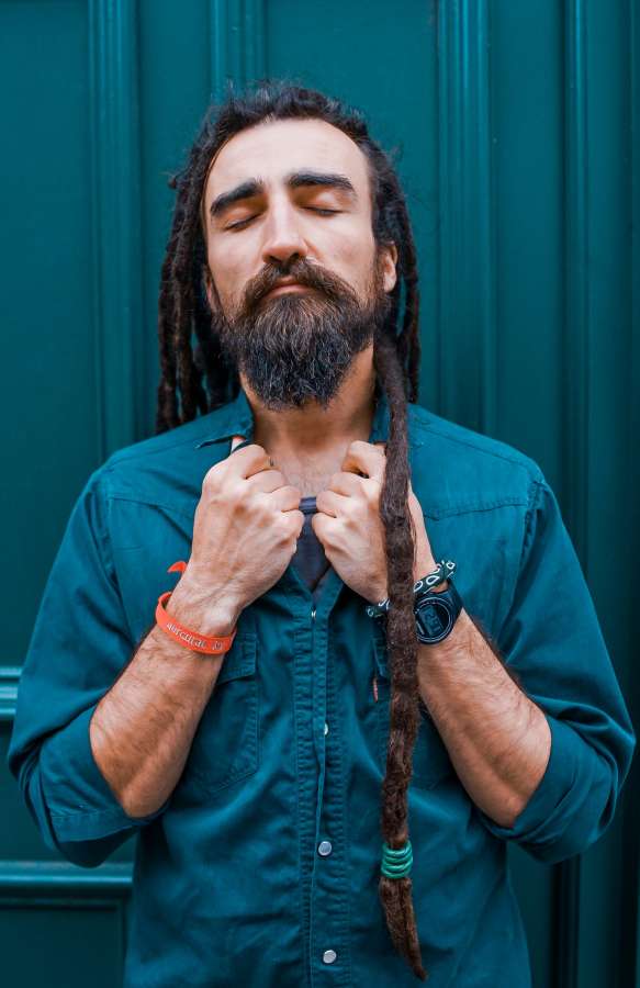 man, portrait, adult, eyes closed, rasta, dreadlocks, hair, beard, elegant, modern, shirt, style,
