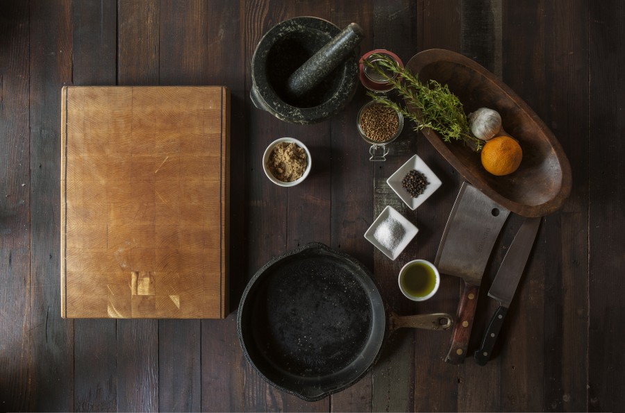 pan, iron, kitchen utensil, knife, table, mortar, spices, cooking, gourmet, concept,