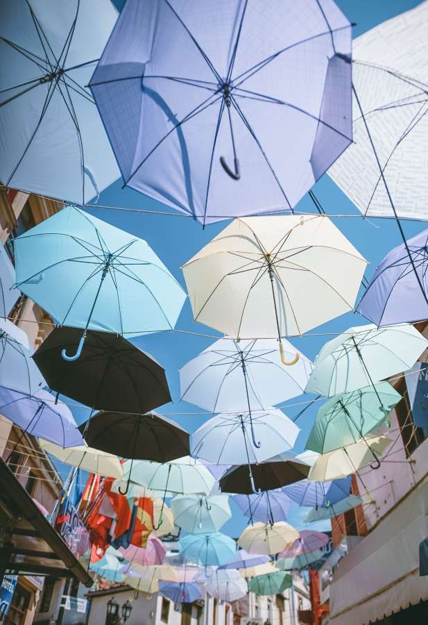 umbrellas, umbrellas, street, urban, colorful, concept, much, roof, day, exterior,
