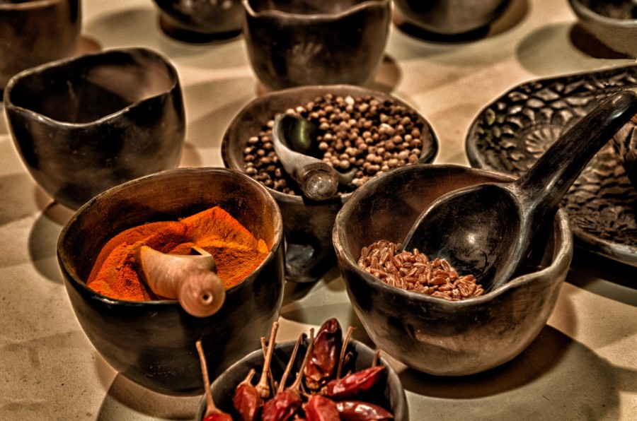 spices, peppers, paprika, chili powder, pepper, beans, dried, ingredient, cayenne, food, pepper, red, hot, Mexico, spicy, cook, cooking, seasoning, foreground, ceramics, bowls, cups, fired, Market, studio, atelier, condiments, seasoning, food and drink