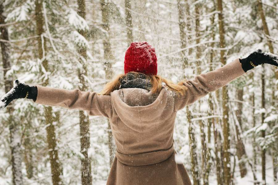 woman, outside, snow, winter, shelter, forest, freedom, holidays, happiness, joy, hat, snowy, tree, open arms,
