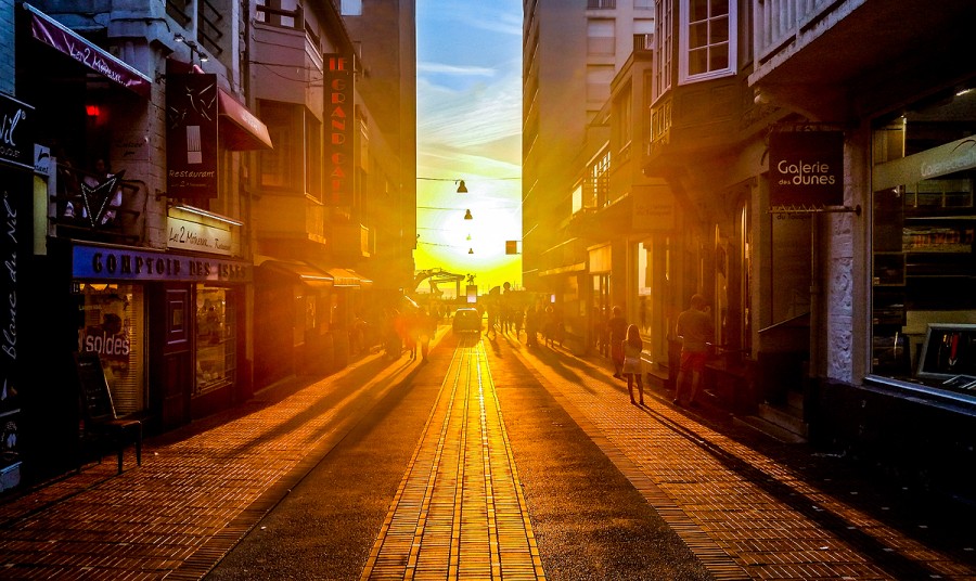 city, sunset, street, sunset, effect, night, cityscape, commerce, business,