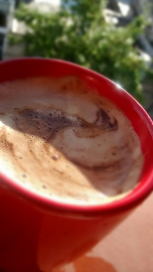 cup, coffee, drink, day, exterior, hot, red, red, milk, foreground,