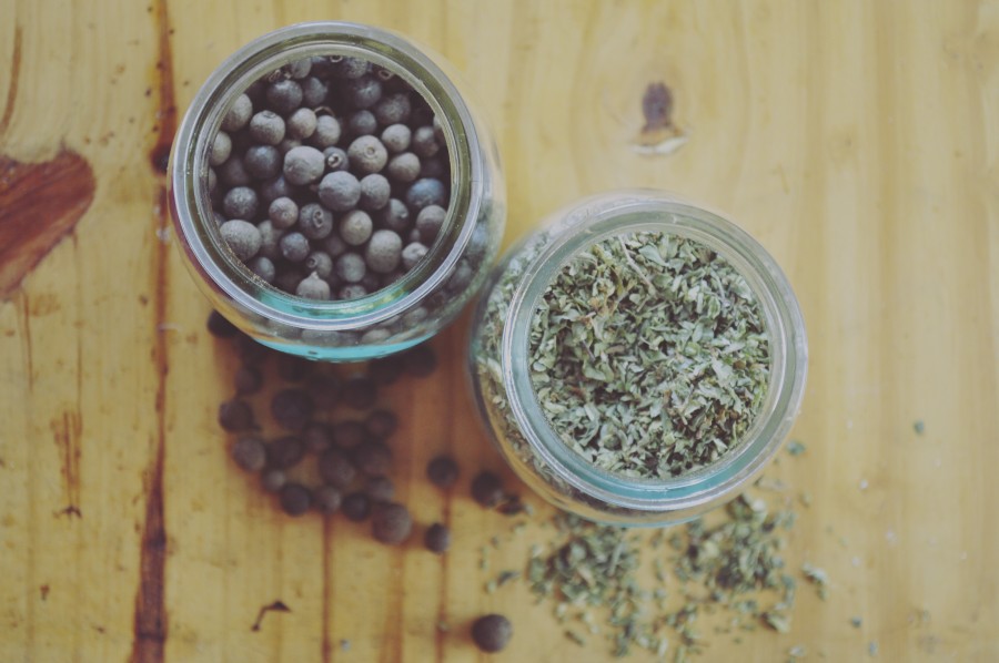jars, jamaica pepper, oregano, seasoning, wooden board