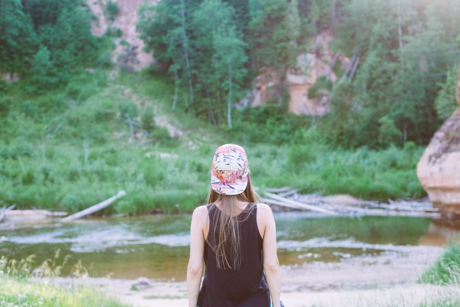 one person, people, woman, outdoors, day, outdoor, summer, forest, looking, back, young, cap, hat, nature, concept, vacation, traveling, travel,
