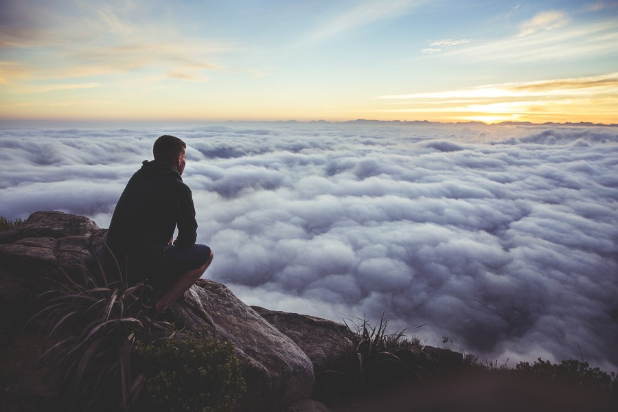 one person, people, man, top, young, cloud, clouds, mountain, peak, height, sky,