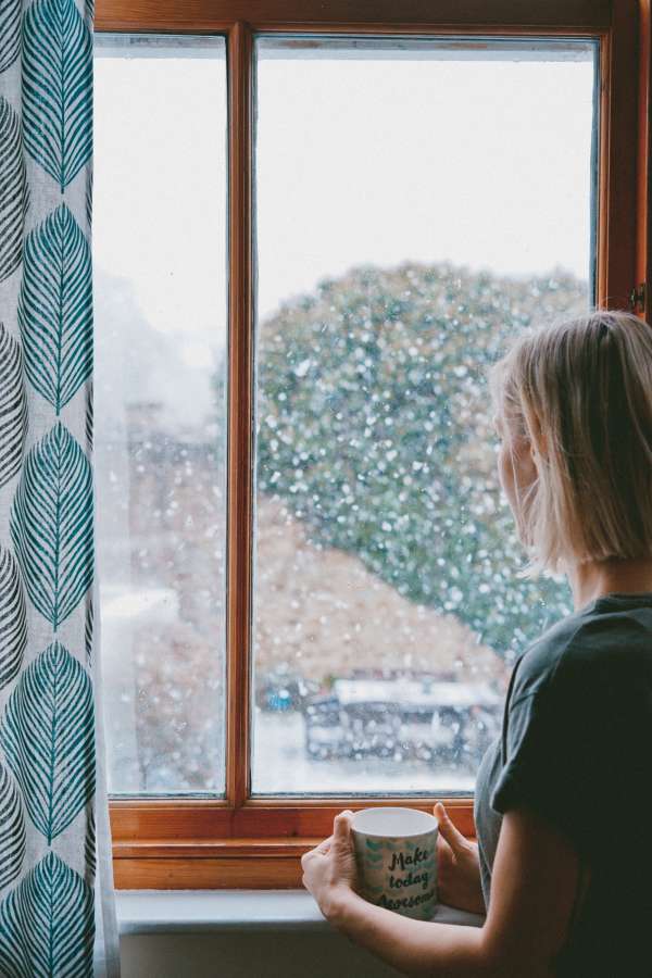 woman, interior, cup, coffee, drink, hot, winter, window, young, snow, wait, contemplate,
