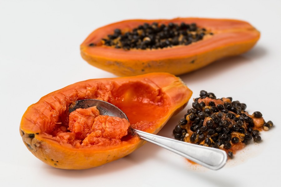 papaya, fruit, tropical, white background, food, seeds,