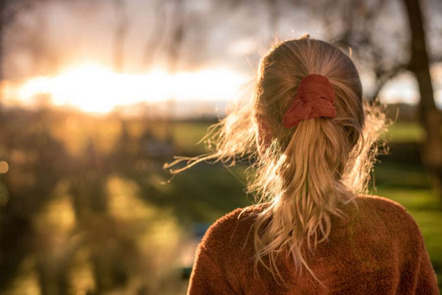 Woman, young, back, looking, dusk, field, blonde, hair, sunset, outdoors,
