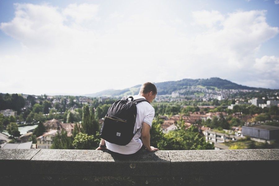 one person, people, man, looking, horizon, landscape, young, adult, ledge, backpack, vacation, traveling, travel,