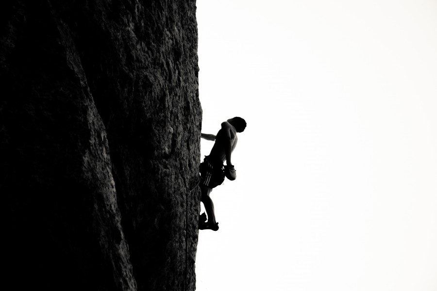 black and white, one person, people, man, young, adult, climbing, climbing, sport, day, mountain, extreme,