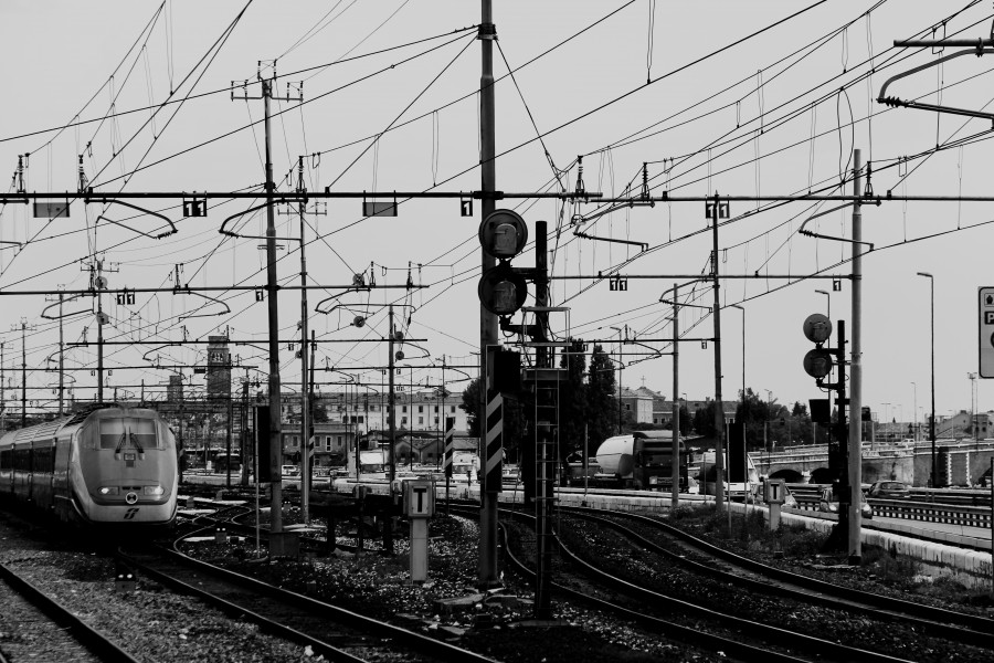 Train station, via, roads, black and white, train, transport, 