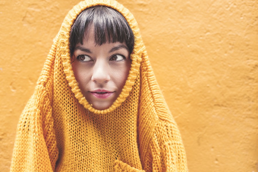 yellow, woman, sweater, clothing, shelter, concept, a person, young, 20 years old, beauty, wall, painting, colorful, background,